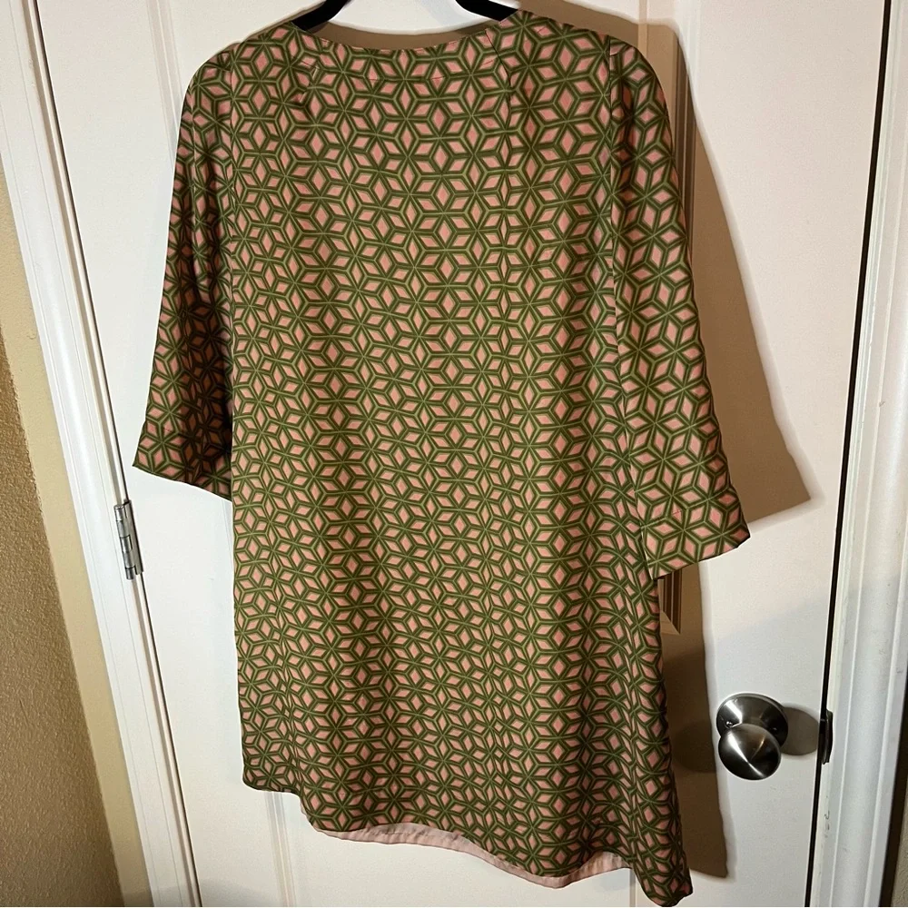 Retro Fossil A-Line Dress | Mid Century Mod Pink Green Geometric Pattern Size M